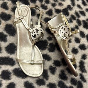 Tory Burch Gold Wedge Sandals with T-Strap and Medallion, never worn